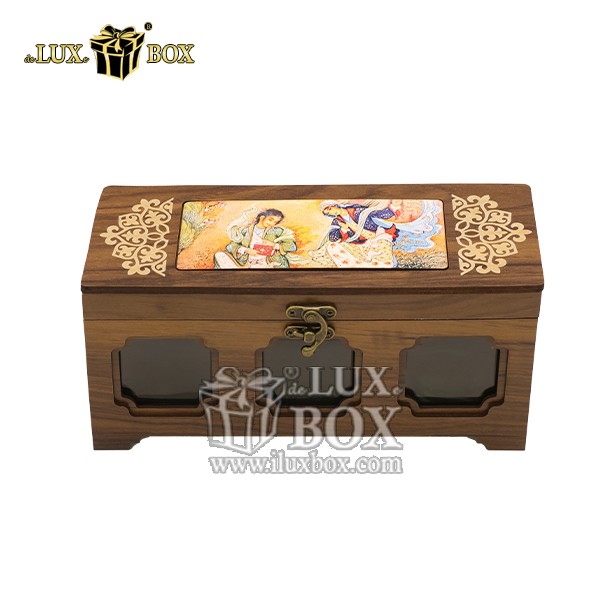 جعبه پاسماوری و ادویه چوبی لوکس باکس همراه با 3 عدد شیشه کد LB116