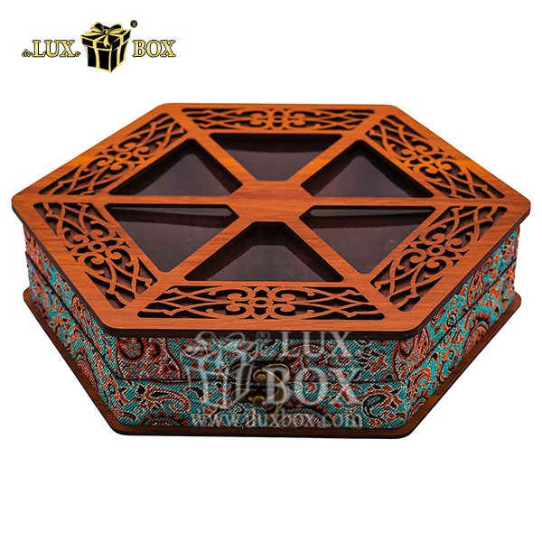 جعبه چوبی برش لیزری هدایا مدل شش ضلعی ترمه لوکس باکس کد LB057