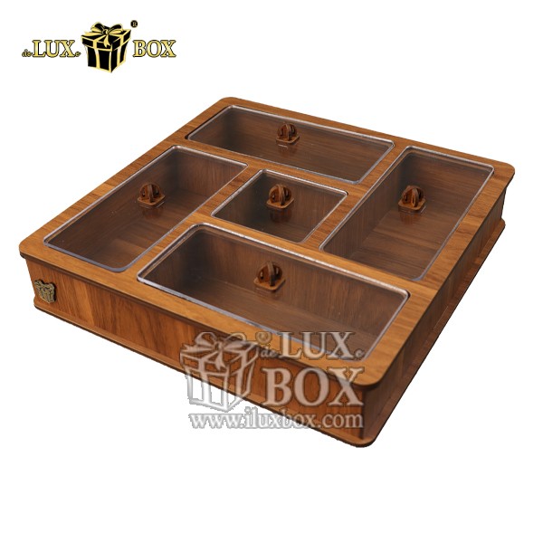 جعبه چوبی برش لیزری تی بگ تنقلات مربعی لوکس باکس کد LB28-01