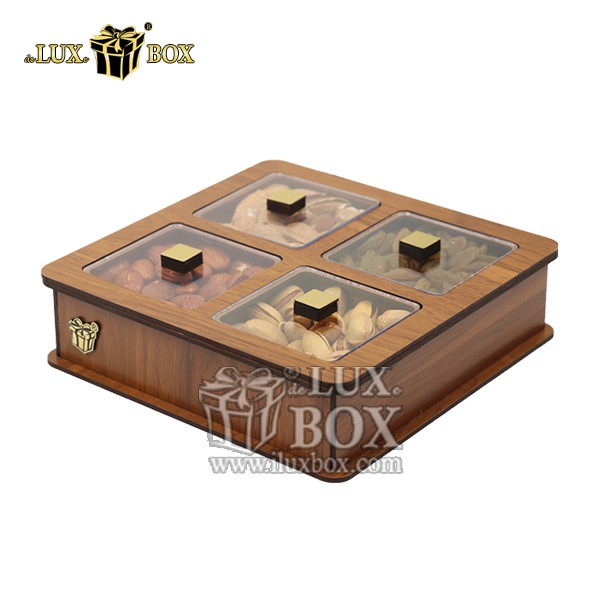 جعبه چوبی برش لیزری میوه خشک تنقلات مربعی لوکس باکس کد LB18-0